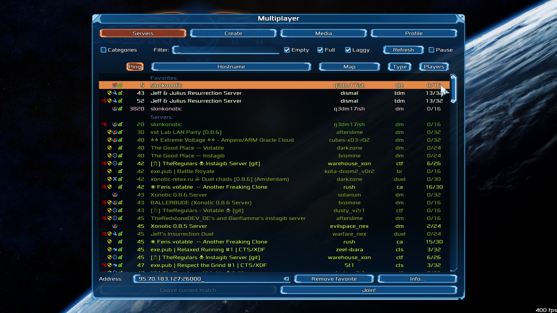 screenshot of xonotic's multiplayer menu showing the server selected